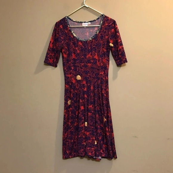Lularoe S Limited Edition Unicorn Red Blue Yellow Rose Floral Nicole dre… - Picture 1 of 11